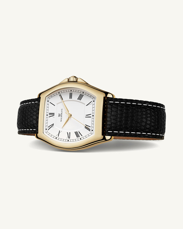 A square mens watch in gold-plated stainless steel from Waldor & Co. with white dial. Ronda movement. The model is Constant 40 Tremezzo 37x45mm.