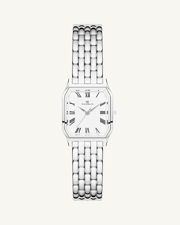 A square womens watch in Rhodium-plated 316L stainless steel from Waldor & Co. with white Diamond Cut Sapphire Crystal glass dial. Seiko movement. The model is Eternal 22 Bellagio.