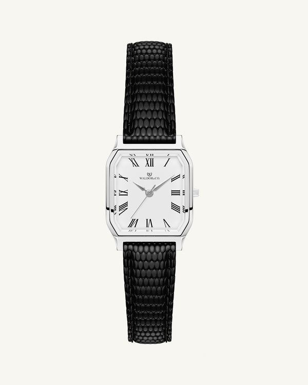 A square womens watch in Rhodium-plated 316L stainless steel from Waldor & Co. with white Diamond Cut Sapphire Crystal glass dial. Strap in black Genuine leather. Seiko movement. The model is Eternal 22 Varenna.