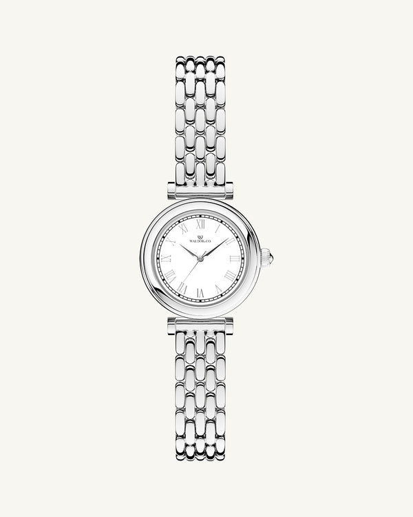 A round womens watch in Rhodium-plated 316L stainless steel from Waldor & Co. with white Sapphire Crystal glass dial. Seiko movement. The model is Venia 24 Villefranche.