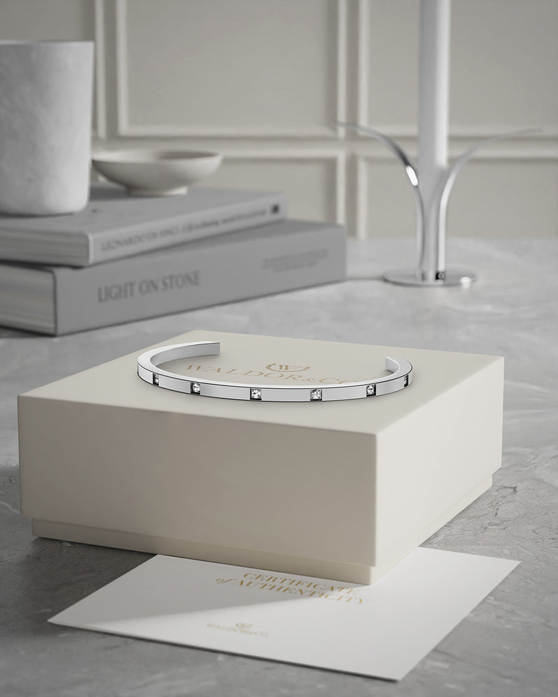 A Bangle Bracelet in rodium-plated stainless steel from Waldor & Co. The model is Brilliant Bangle Polished.