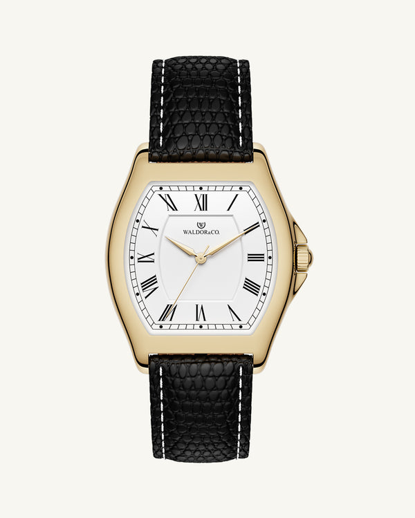 A square mens watch in gold-plated stainless steel from Waldor & Co. with white dial. Ronda movement. The model is Constant 40 Tremezzo 37x45mm.