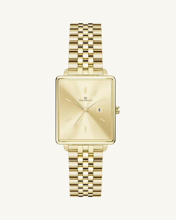 A square womens watch in gold from Waldor & Co. with silver sunray dial and a second hand. Seiko movement. The model is Delight 32 Chelsea 28x32mm.