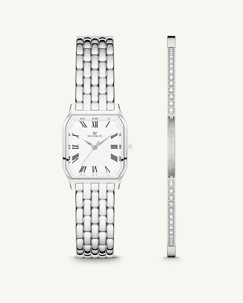 A square womens watch in silver plated 316L stainless steel from Waldor & Co. with white Diamond Cut Sapphire Crystal glass dial. Seiko movement. The model is Eternal 22 Bellagio