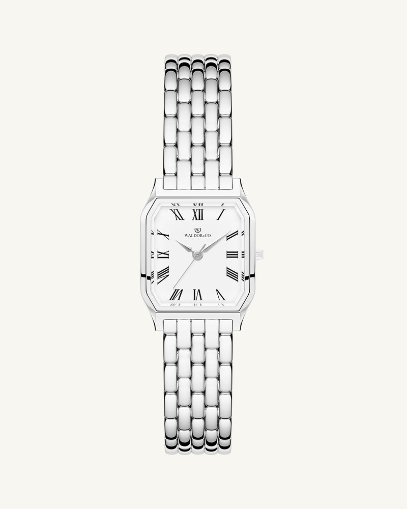 A square womens watch in silver plated 316L stainless steel from Waldor & Co. with white Diamond Cut Sapphire Crystal glass dial. Seiko movement. The model is Eternal 22 Bellagio