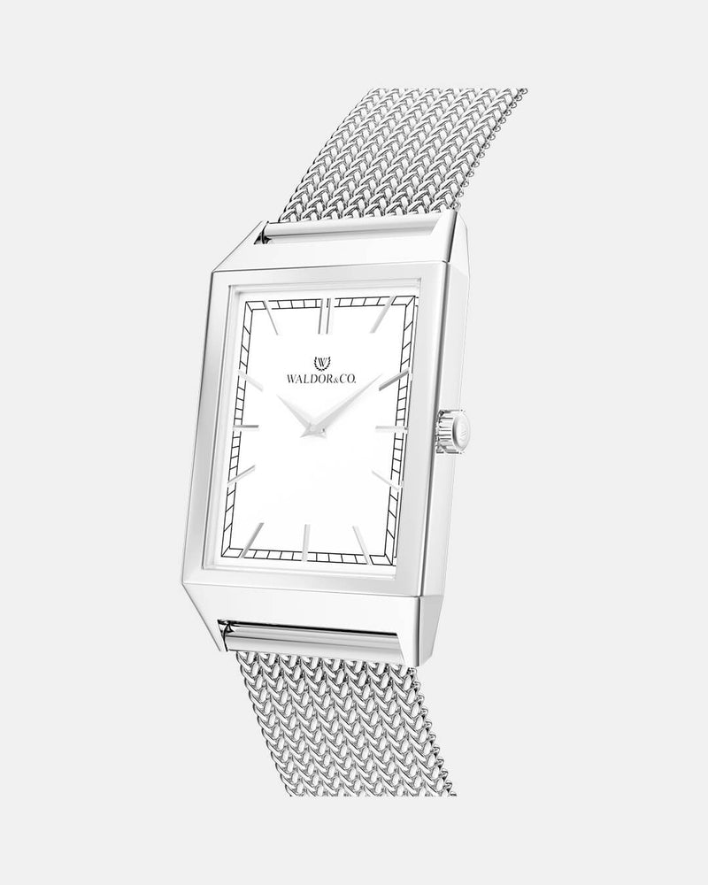 A square mens watch in rhodium-plated silver from Waldor & Co. with white sunray dial. Seiko movement. The model is Conceptual 37 Antibes.