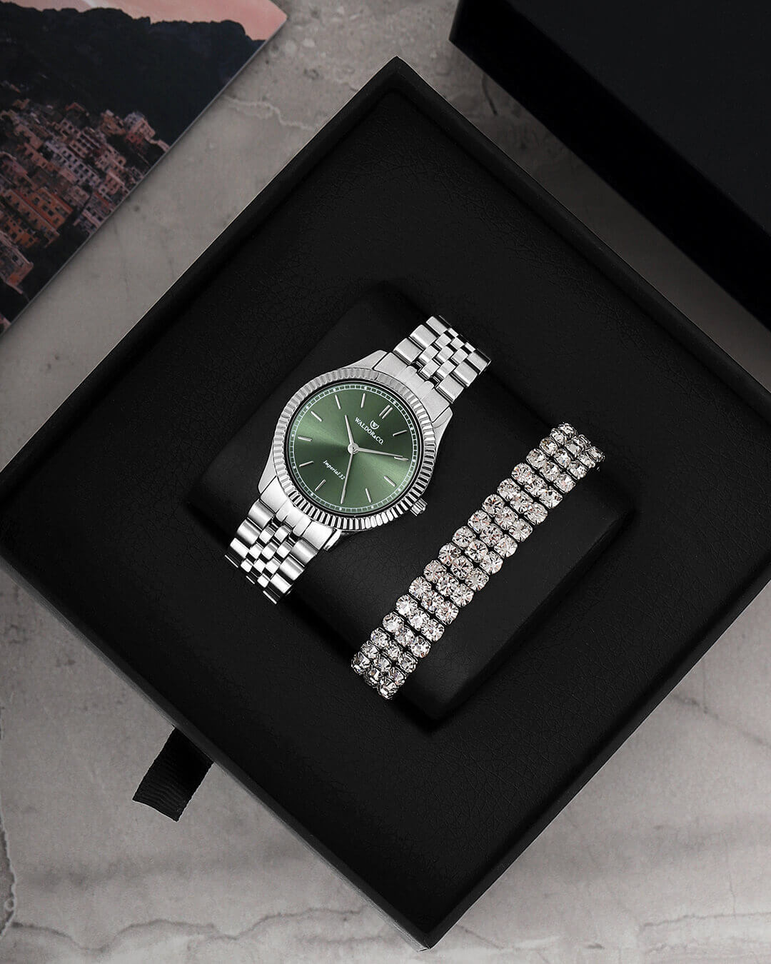 Silver watch 2025 green face